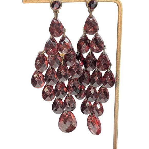 Burgundy Glass Teardrop Chandelier Post Pierced Earrings - Picture 5 of 5